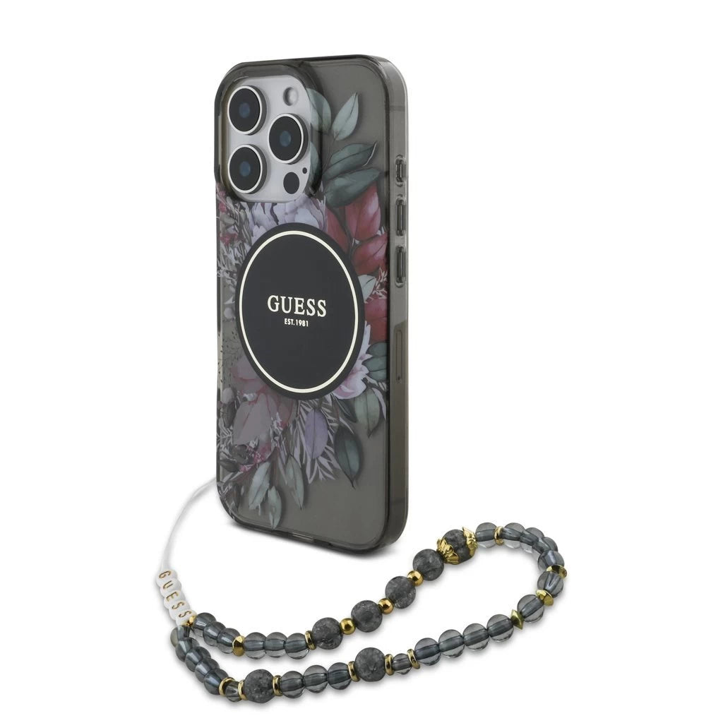 Guess IML Flowers Pearl Strap MagSafe tok iPhone 16 Pro Max készülékhez fekete