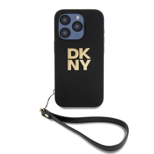 DKNY PU bőr Stack Logo csuklópántos tok iPhone 15 Pro készülékhez fekete