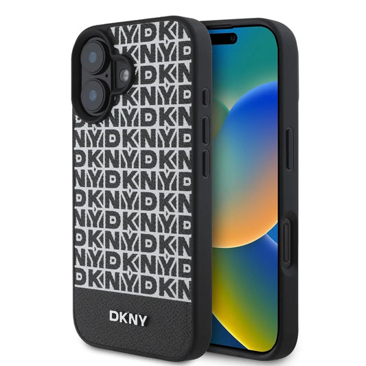 DKNY PU Leather Repeat Pattern Bottom Stripe MagSafe tok iPhone 16 készülékhez fekete