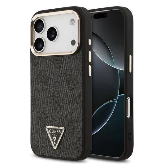 Guess PU Leather 4G Triangle Logo Gold Frame MagSafe tok iPhone 17 Pro készülékhez fekete