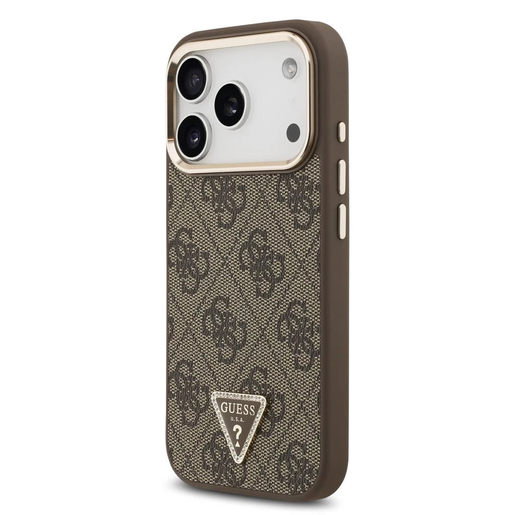 Guess PU Leather 4G Triangle Logo Gold Frame MagSafe tok iPhone 17 Pro készülékhez barna