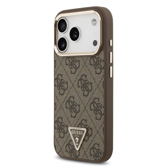 Guess PU Leather 4G Triangle Logo Gold Frame MagSafe tok iPhone 17 Pro készülékhez barna