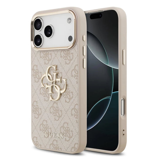 Guess PU bőr 4G fém logó arany keret MagSafe tok az iPhone 17 Pro Max készülékhez rózsaszín