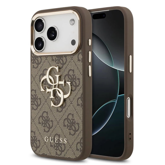 Guess PU Leather 4G Metal Logo Gold Frame MagSafe tok iPhone 17 Pro Max készülékhez barna