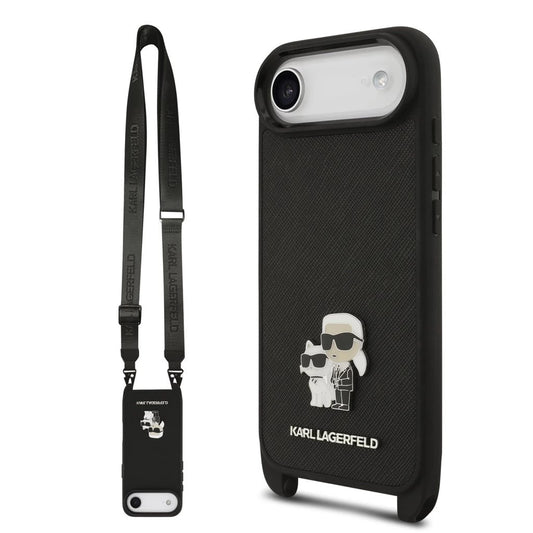 Karl Lagerfeld Saffiano Crossbody Strap Metal Karl and Choupette tok iPhone 17 Air készülékhez fekete
