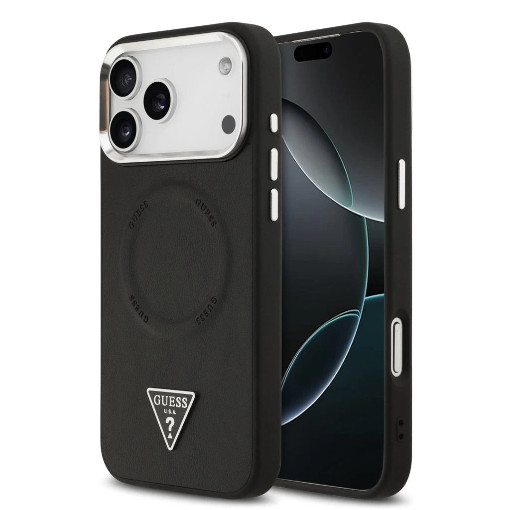 Guess PU bőr Triangle Logo MagSafe tok iPhone 17 Pro Max készülékhez fekete