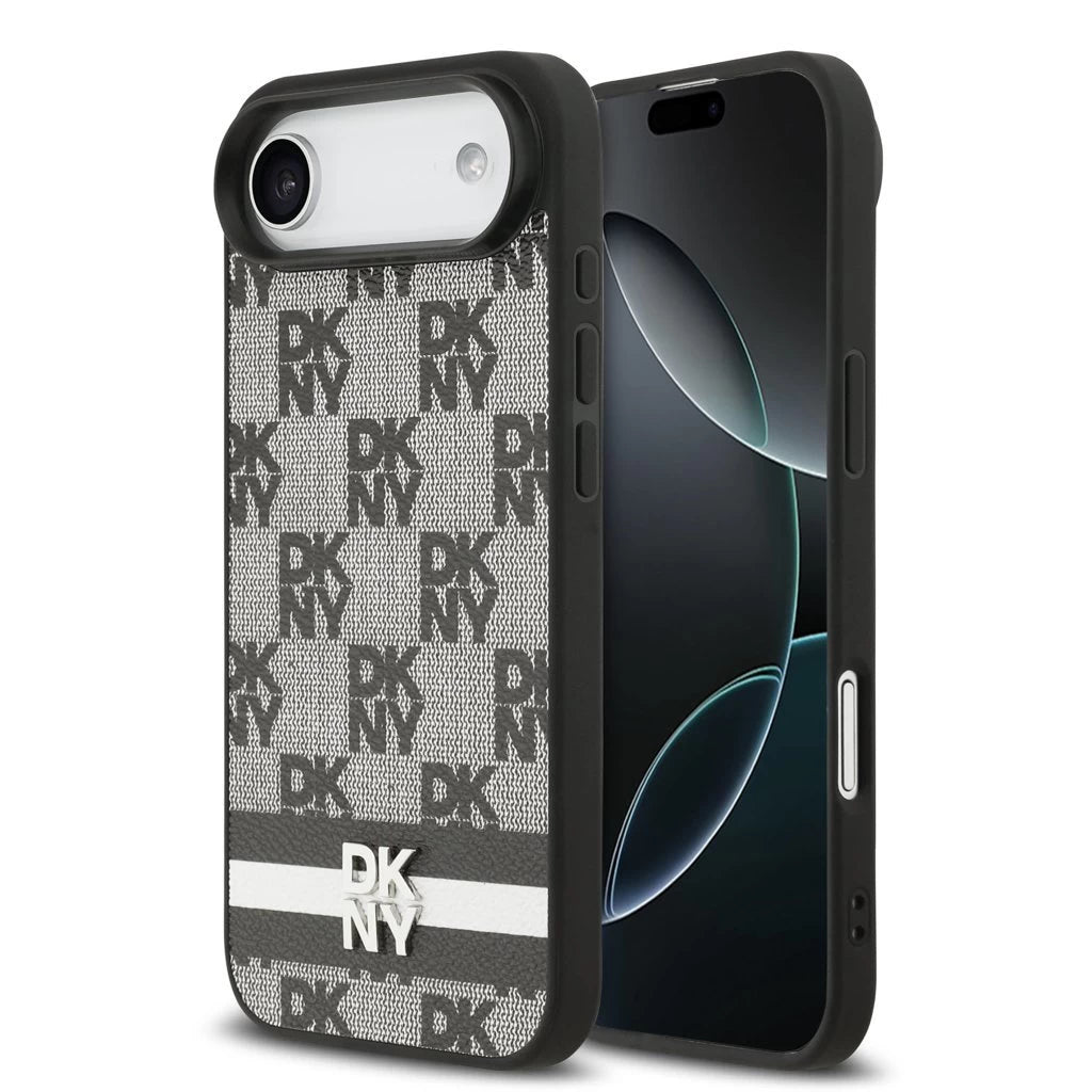 DKNY PU Leather Checkered Pattern and Stripe tok iPhone 17 Air készülékhez fekete