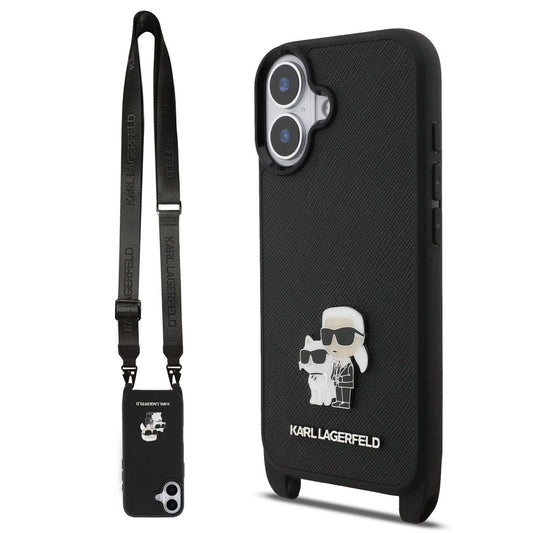 Karl Lagerfeld Saffiano Crossbody Strap Metal Karl and Choupette tok iPhone 17 készülékhez fekete