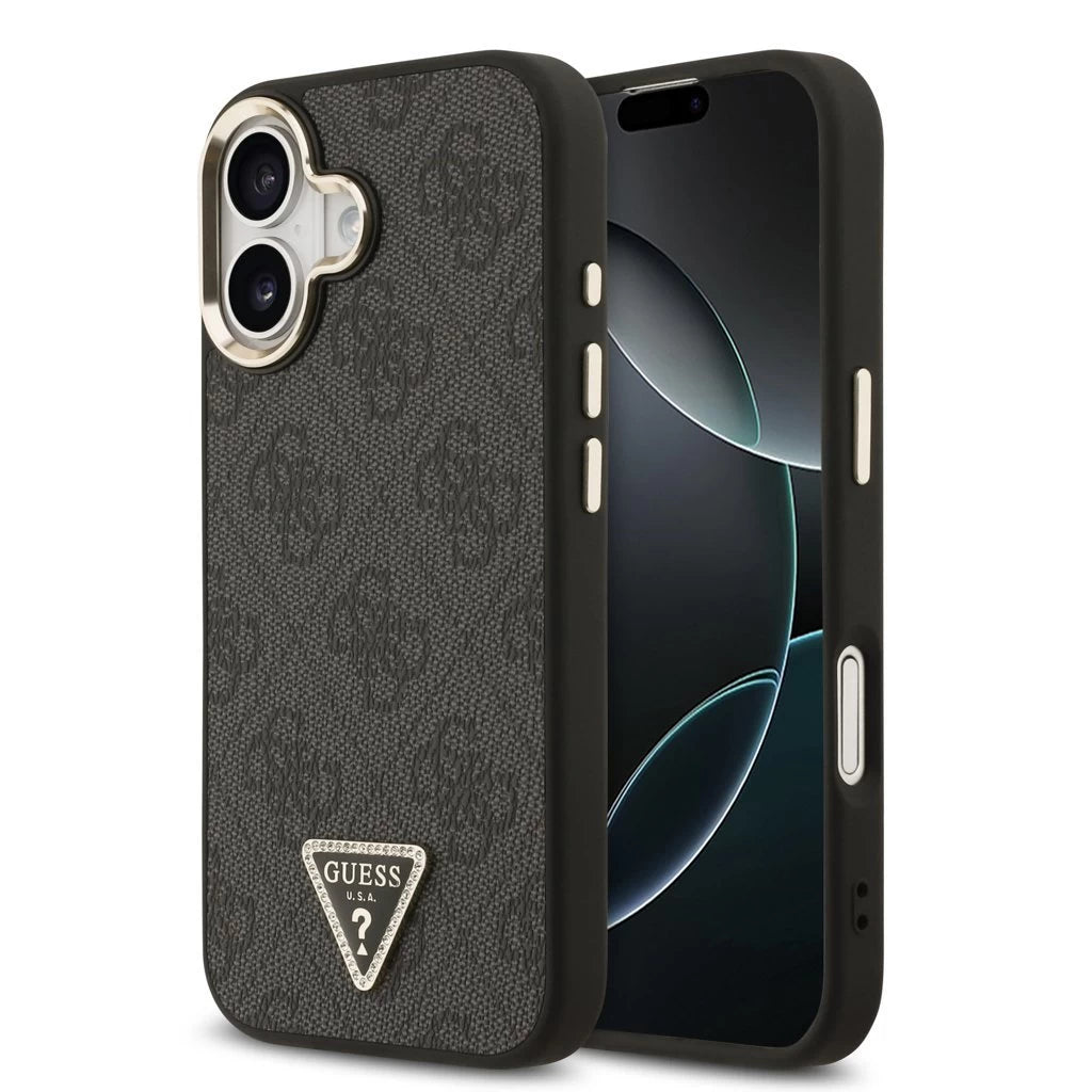 Guess PU Leather 4G Triangle Logo Gold Frame MagSafe tok iPhone 17 készülékhez fekete