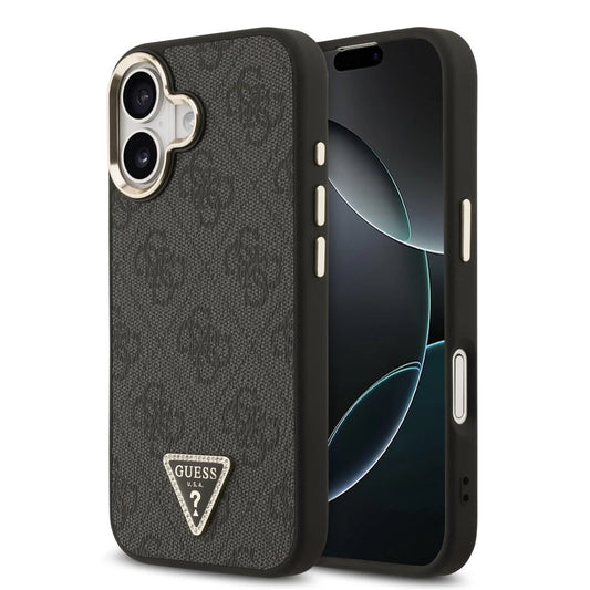 Guess PU Leather 4G Triangle Logo Gold Frame MagSafe tok iPhone 17 készülékhez fekete