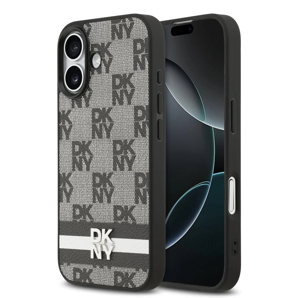 DKNY PU Leather Checkered Pattern and Stripe tok iPhone 17 készülékhez fekete