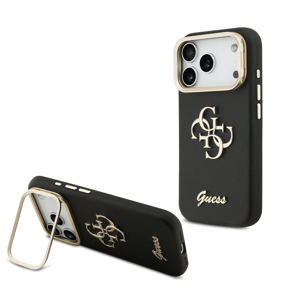 Guess PU Grained 4G Logo Stand Camera Frame tok iPhone 17 Pro készülékhez fekete