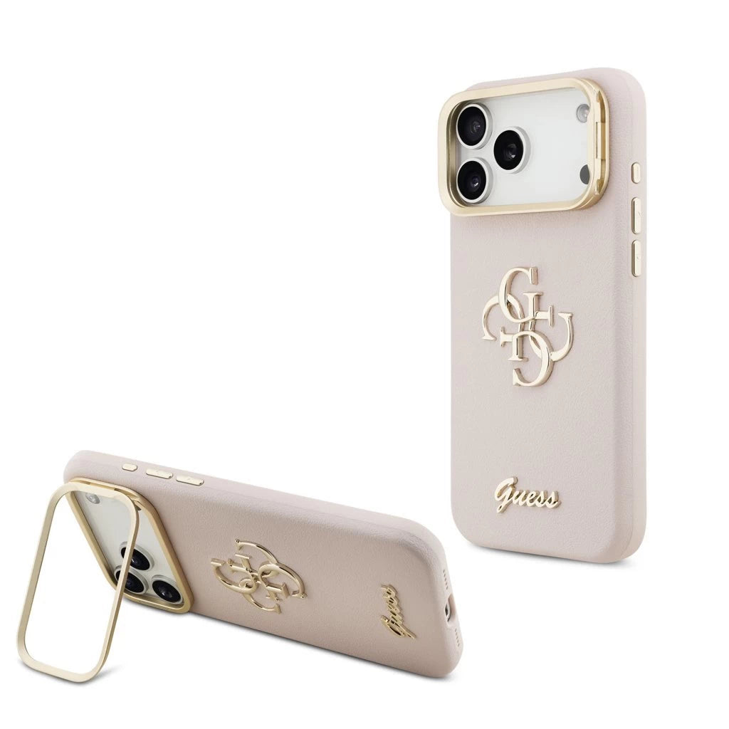 Guess PU Grained 4G Logo Stand Camera Frame tok iPhone 17 Pro Max készülékhez rózsaszín