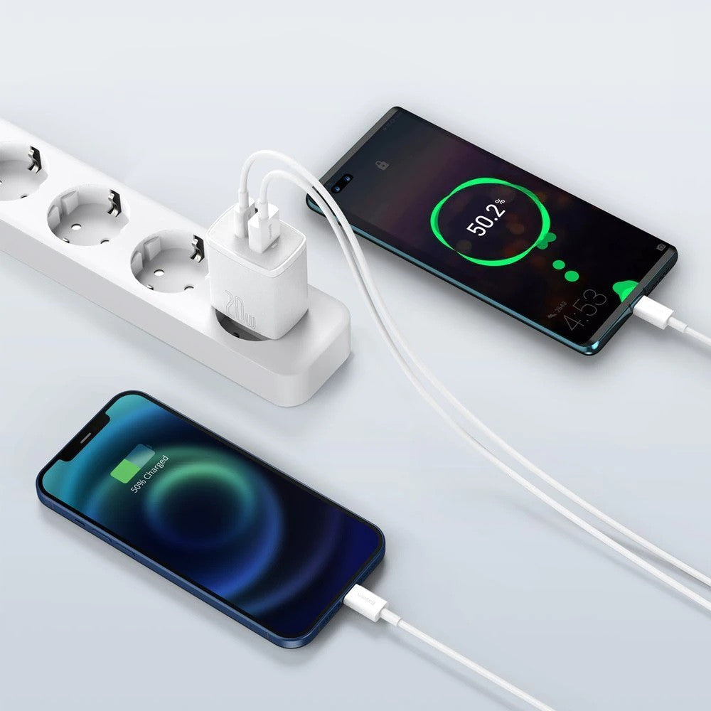 Hálózati töltő adapter, 20W, USB aljzat, USB Type-C aljzat, gyorstöltés, PD, QC 3.0, Baseus CCXJ-B02, fehér – Adapter a Baseus kínálatából | Domshop