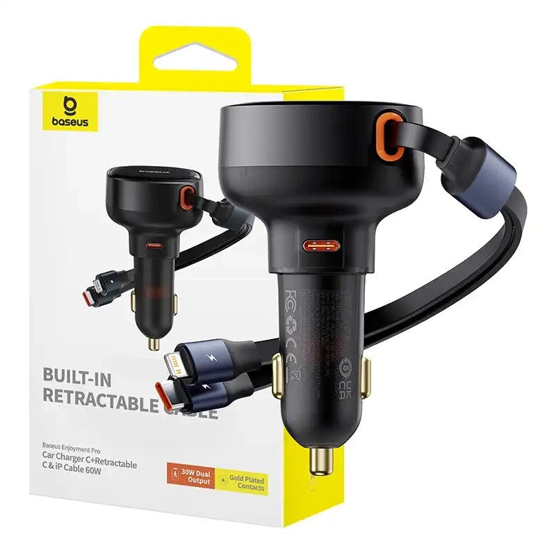 Baseus Enjoyment autó töltő USB-C - USB-C kábellel, Lightning 60W, fekete – Autós töltő a Baseus kínálatából | Domshop