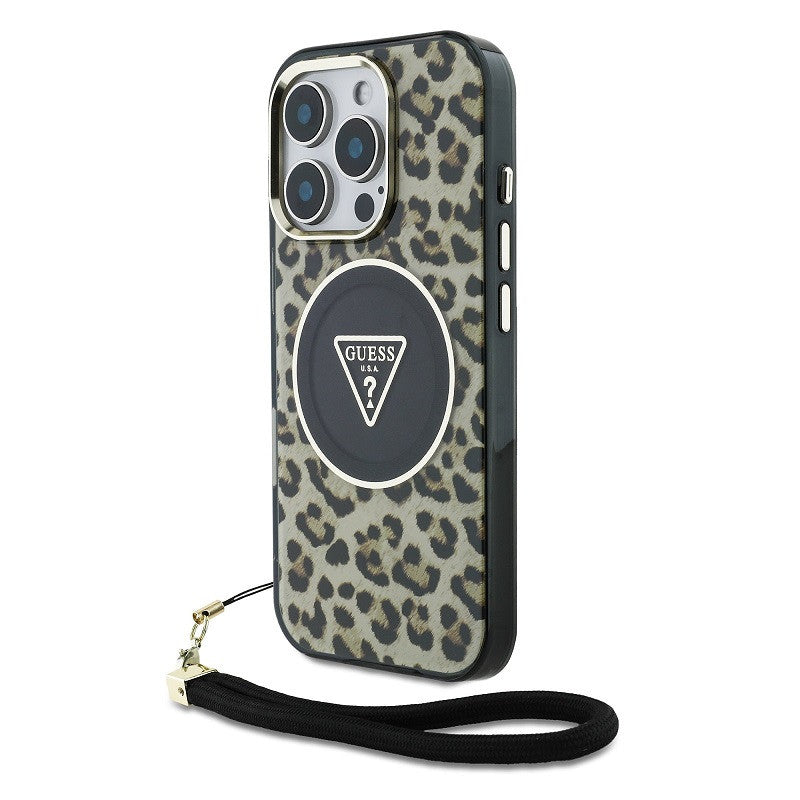 Guess IML Leopard Triangle Logo Strap iPhone 16 Pro MagSafe hátlap tok, barna – iPhone 16 Pro tok a Guess kínálatából | Domshop