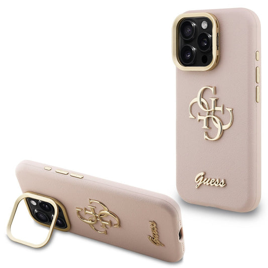 Guess PU Grained 4G Logo Stand Camera Frame iPhone 16 Pro hátlap tok kitámasztóval, rózsaszín – iPhone 16 Pro tok a Guess kínálatából | Domshop