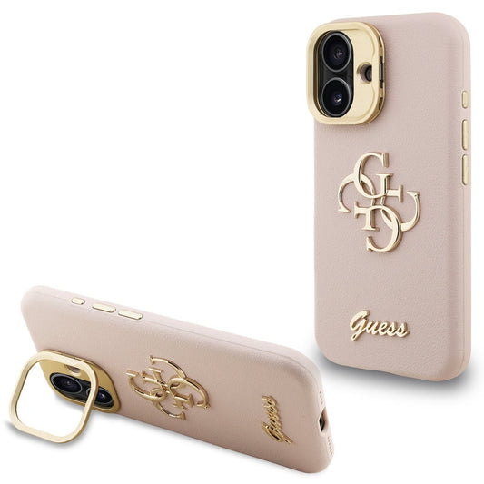 Guess PU Grained 4G Logo Stand Camera Frame iPhone 16 hátlap tok kitámasztóval, rózsaszín – iPhone 16 tok a Guess kínálatából | Domshop