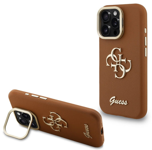 Guess PU Grained 4G Logo Stand Camera Frame iPhone 16 Pro hátlap tok kitámasztóval, barna – iPhone 16 Pro tok a Guess kínálatából | Domshop