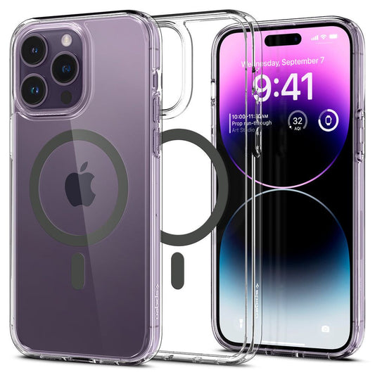 Apple iPhone 14 Pro, Műanyag hátlap védőtok + szilikon keret, Magsafe töltővel kompatibilis, Spigen Ultra Hybrid Mag, átlátszó/szürke – iPhone 14 Pro tok a Spigen kínálatából | Domshop