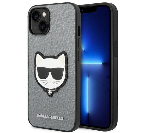 Karl Lagerfeld Saffiano Choupette Head Patch Apple iPhone 14 Plus hátlap tok, ezüst – iPhone 14 Plus tok a Karl Lagerfeld kínálatából | Domshop