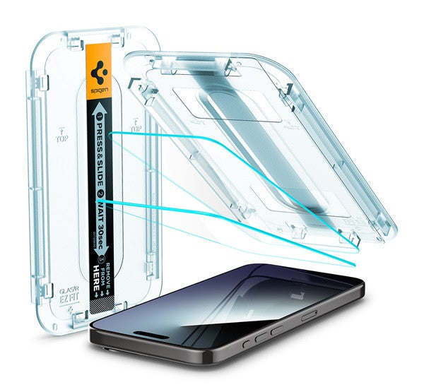 Spigen Glas.tR EZ Fit Apple iPhone 15 Pro Max, tempered kijelzővédő fólia felhelyező kerettel (2db) – iPhone 15 Pro Max fólia a Spigen kínálatából | Domshop