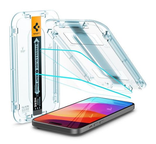 Spigen Glas.tR EZ Fit Apple iPhone 15 Plus / iPhone 16 Plus, tempered kijelzővédő fólia felhelyező kerettel (2db) – iPhone 15 Plus/16Plus fólia a Spigen kínálatából | Domshop