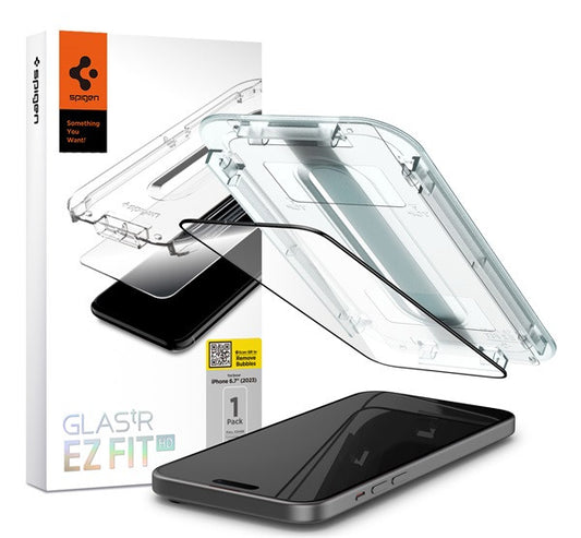 Spigen Glas.tR EZ Fit HD Apple iPhone 15 Plus/ iPhone 16 Plus, tempered kijelzővédő fólia felhelyező kerettel, fekete – iPhone 15 Plus/16Plus fólia a Spigen kínálatából | Domshop