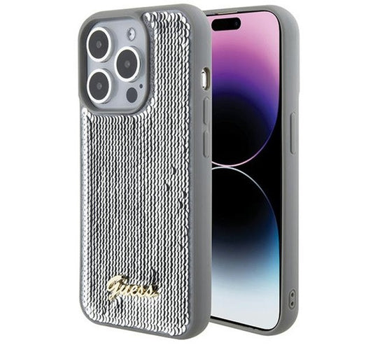 Guess Sequin Script Metal Apple iPhone 15 Pro hátlap tok, ezüst – a Guess kínálatából | Domshop