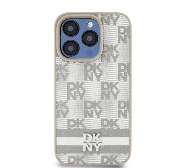 DKNY PU Leather Checkered Pattern and Stripe Apple iPhone 15 Pro tok, bézs – a DKNY kínálatából | Domshop