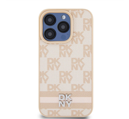 DKNY PU Leather Checkered Pattern and Stripe Apple iPhone 15 Pro tok, rózsaszín – a DKNY kínálatából | Domshop
