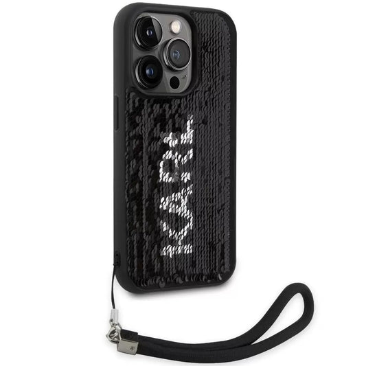 Apple iPhone 13 Pro, Műanyag hátlap védőtok + szilikon keret, színváltós hátlap, kézpánttal, Karl minta, Karl Lagerfeld Sequins Reversible, ezüst/fekete -  iPhone 13 Pro tok a Domshop kínálatából