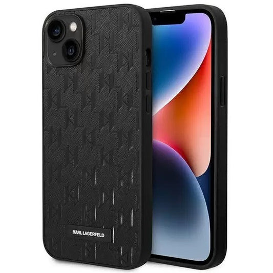 Apple iPhone 14, Műanyag hátlap védőtok, bőrhatású hátlap, Monogram minta, Karl Lagerfeld Saffiano Mono Metal Logo, fekete -  iPhone 13/14 tok a Domshop kínálatából