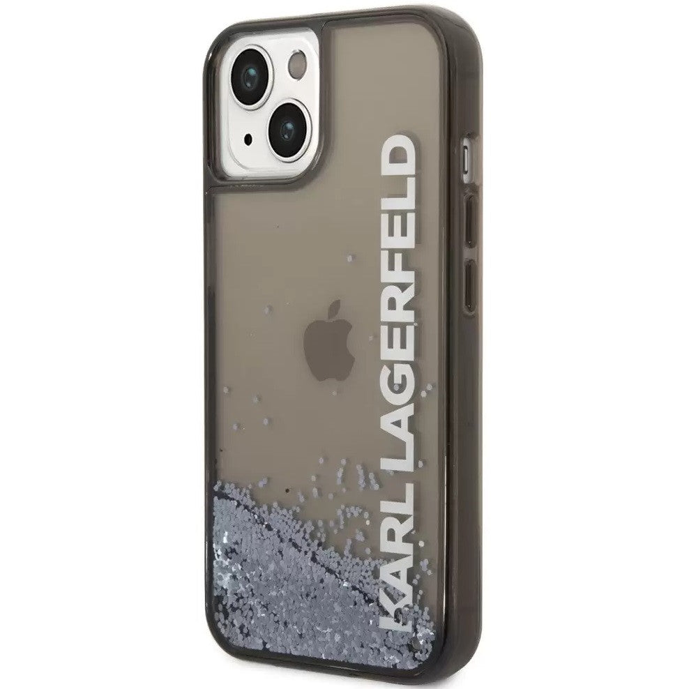 Apple iPhone 14 Plus, Műanyag hátlap védőtok, szilikon keret, Karl Lagerfeld Liquid Glitter Transculet Elongated Logo, fekete -  iPhone 14 Plus tok a Domshop kínálatából