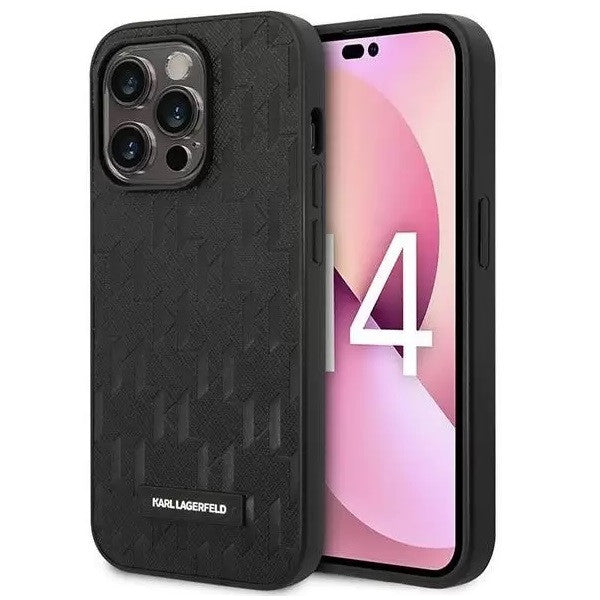 Apple iPhone 14 Pro, Műanyag hátlap védőtok, bőrhatású hátlap, Monogram minta, Karl Lagerfeld Saffiano Mono Metal Logo, fekete -  iPhone 14 Pro tok a Domshop kínálatából