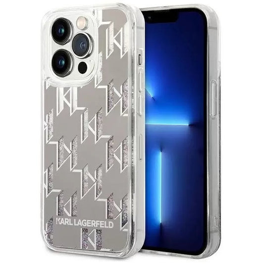 Apple iPhone 14 Pro Max, Műanyag hátlap védőtok, Monogram minta, Karl Lagerfeld Monogram Liquid Glitter, ezüst -  iPhone 14 Pro Max tok a Domshop kínálatából