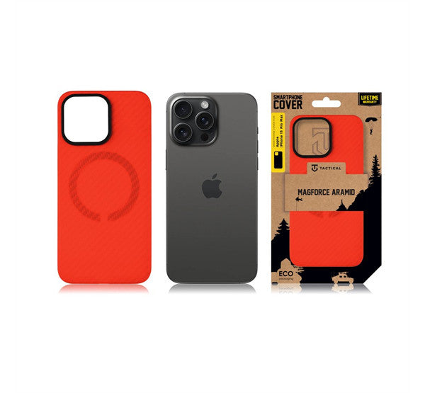 Apple iPhone 15 Pro Max, Műanyag hátlap védőtok, közepesen ütésálló, aramidszállal, Magsafe töltővel kompatibilis, karbon minta, Tactical MagForce Aramid, piros -  iPhone 15 Pro Max tok a Domshop kínálatából