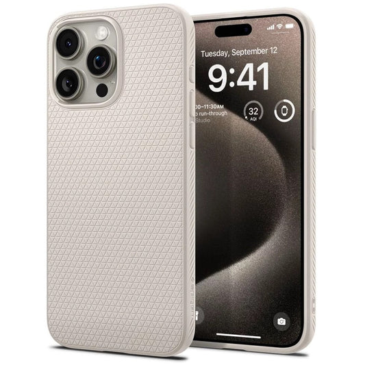 Apple iPhone 15 Pro Max, Szilikon tok, Spigen Liquid Air, háromszög minta, bézs -  iPhone 15 Pro Max tok a Domshop kínálatából