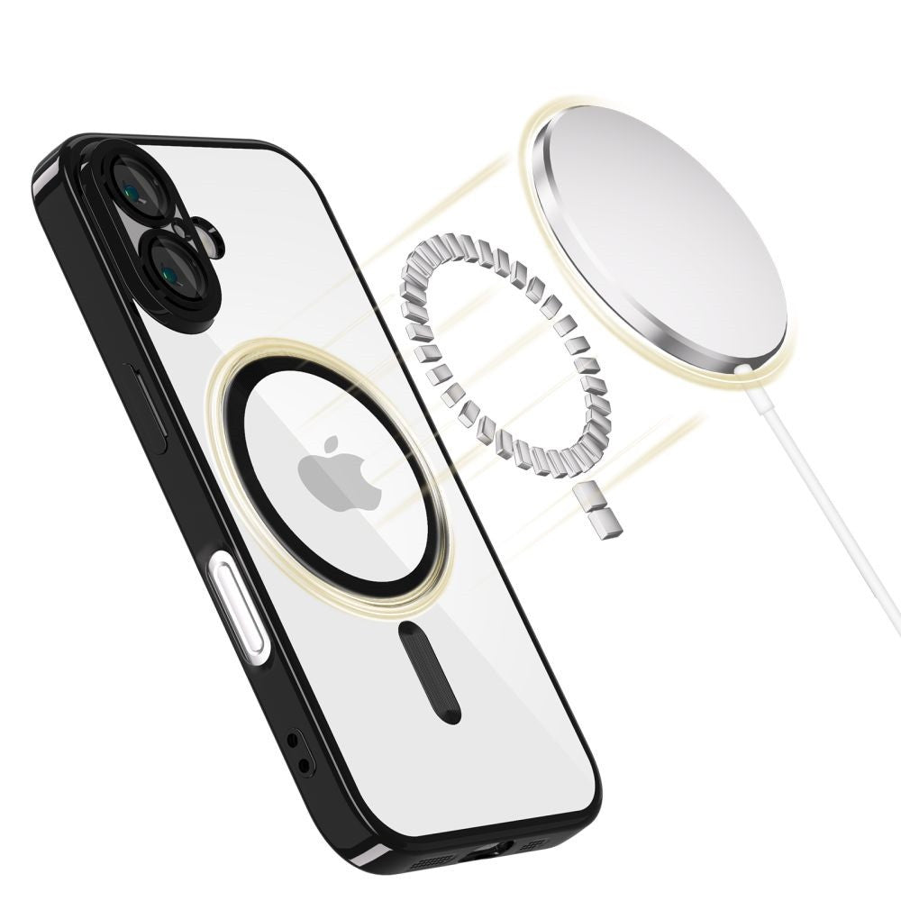 Apple iPhone 16, Műanyag hátlap védőtok + szilikon keret, közepesen ütésálló, Magsafe töltővel kompatibilis, fényes keret, Magflex Magsafe, átlátszó/fekete -  iPhone 16 tok a Domshop kínálatából