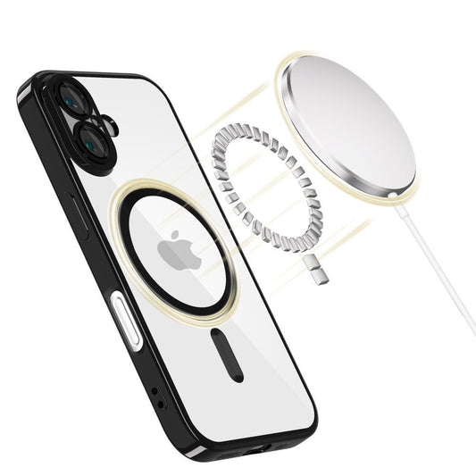Apple iPhone 16, Műanyag hátlap védőtok + szilikon keret, közepesen ütésálló, Magsafe töltővel kompatibilis, fényes keret, Magflex Magsafe, átlátszó/fekete -  iPhone 16 tok a Domshop kínálatából