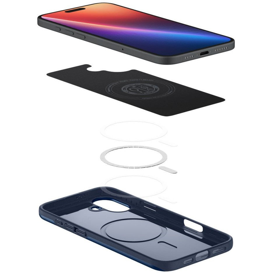 Apple iPhone 16, Műanyag hátlap védőtok + szilikon keret, ultravékony, Magsafe töltővel kompatibilis, Spigen Thin Fit Mag, sötétkék -  iPhone 16 tok a Domshop kínálatából