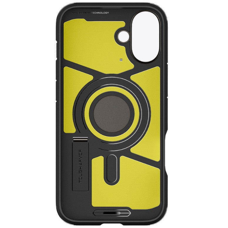 Apple iPhone 16 Plus, Szilikon tok + műanyag hátlap, Magsafe töltővel kompatibilis, kitámasztóval, Spigen Tough Armor Mag, sötétszürke -  iPhone 16 Plus tok a Domshop kínálatából