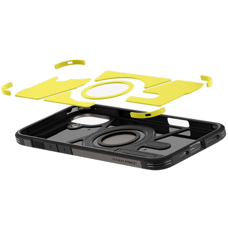 Apple iPhone 16 Plus, Szilikon tok + műanyag hátlap, Magsafe töltővel kompatibilis, kitámasztóval, Spigen Tough Armor Mag, sötétszürke -  iPhone 16 Plus tok a Domshop kínálatából