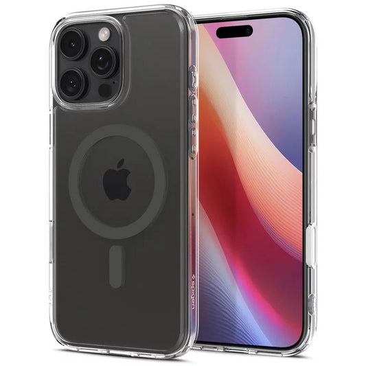 Apple iPhone 16 Pro, Műanyag hátlap védőtok + szilikon keret, Magsafe töltővel kompatibilis, érintő funkciós gombfedéllel, Spigen Ultra Hybrid "T" Mag, átlátszó/szürke -  iPhone 16 Pro tok a Domshop kínálatából