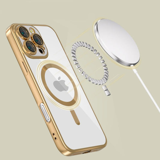 Apple iPhone 16 Pro Max, Műanyag hátlap védőtok + szilikon keret, közepesen ütésálló, Magsafe töltővel kompatibilis, fényes keret, Magflex Magsafe, átlátszó/arany -  iPhone 16 Pro Max tok a Domshop kínálatából