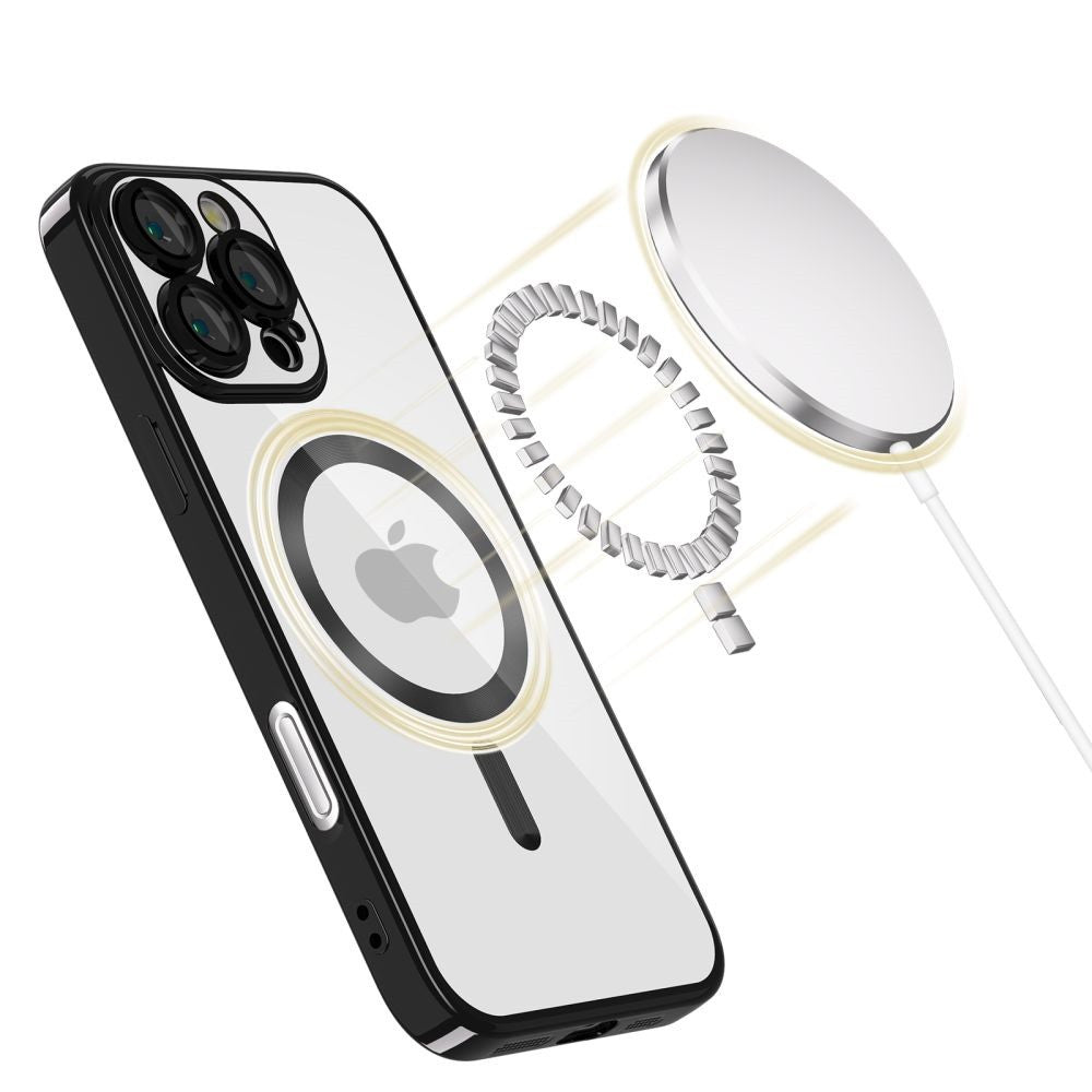 Apple iPhone 16 Pro Max, Műanyag hátlap védőtok + szilikon keret, közepesen ütésálló, Magsafe töltővel kompatibilis, fényes keret, Magflex Magsafe, átlátszó/fekete -  iPhone 16 Pro Max tok a Domshop kínálatából