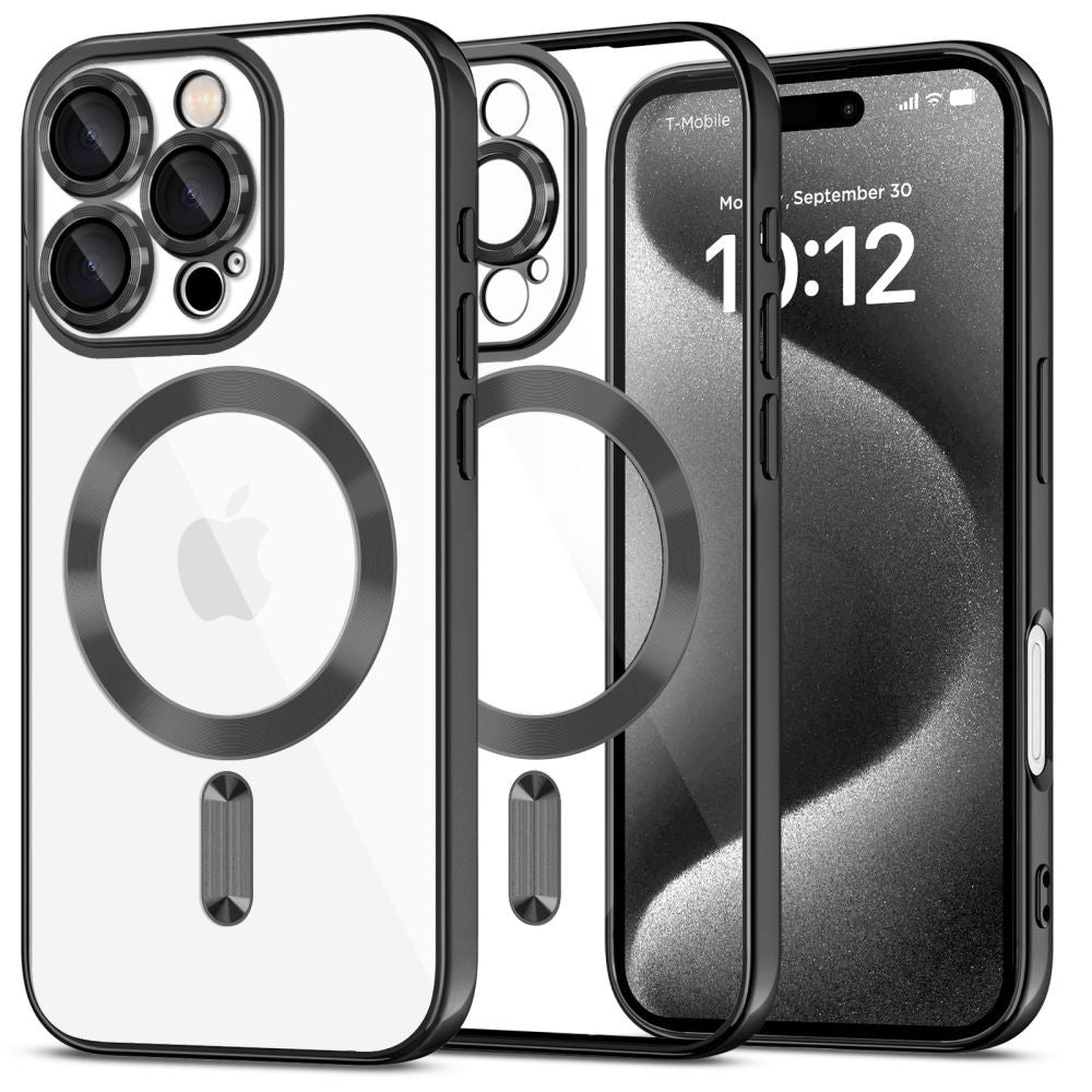 Apple iPhone 16 Pro Max, Műanyag hátlap védőtok + szilikon keret, közepesen ütésálló, Magsafe töltővel kompatibilis, fényes keret, Magflex Magsafe, átlátszó/fekete -  iPhone 16 Pro Max tok a Domshop kínálatából