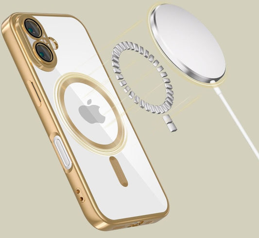 Apple iPhone 16e, Műanyag hátlap védőtok + szilikon keret, közepesen ütésálló, Magsafe töltővel kompatibilis, fényes keret, Magflex Magsafe, átlátszó/arany -  iPhone 16e tok a Domshop kínálatából