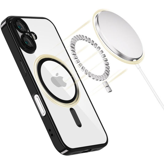 Apple iPhone 16e, Műanyag hátlap védőtok + szilikon keret, közepesen ütésálló, Magsafe töltővel kompatibilis, fényes keret, Magflex Magsafe, átlátszó/fekete -  iPhone 16e tok a Domshop kínálatából