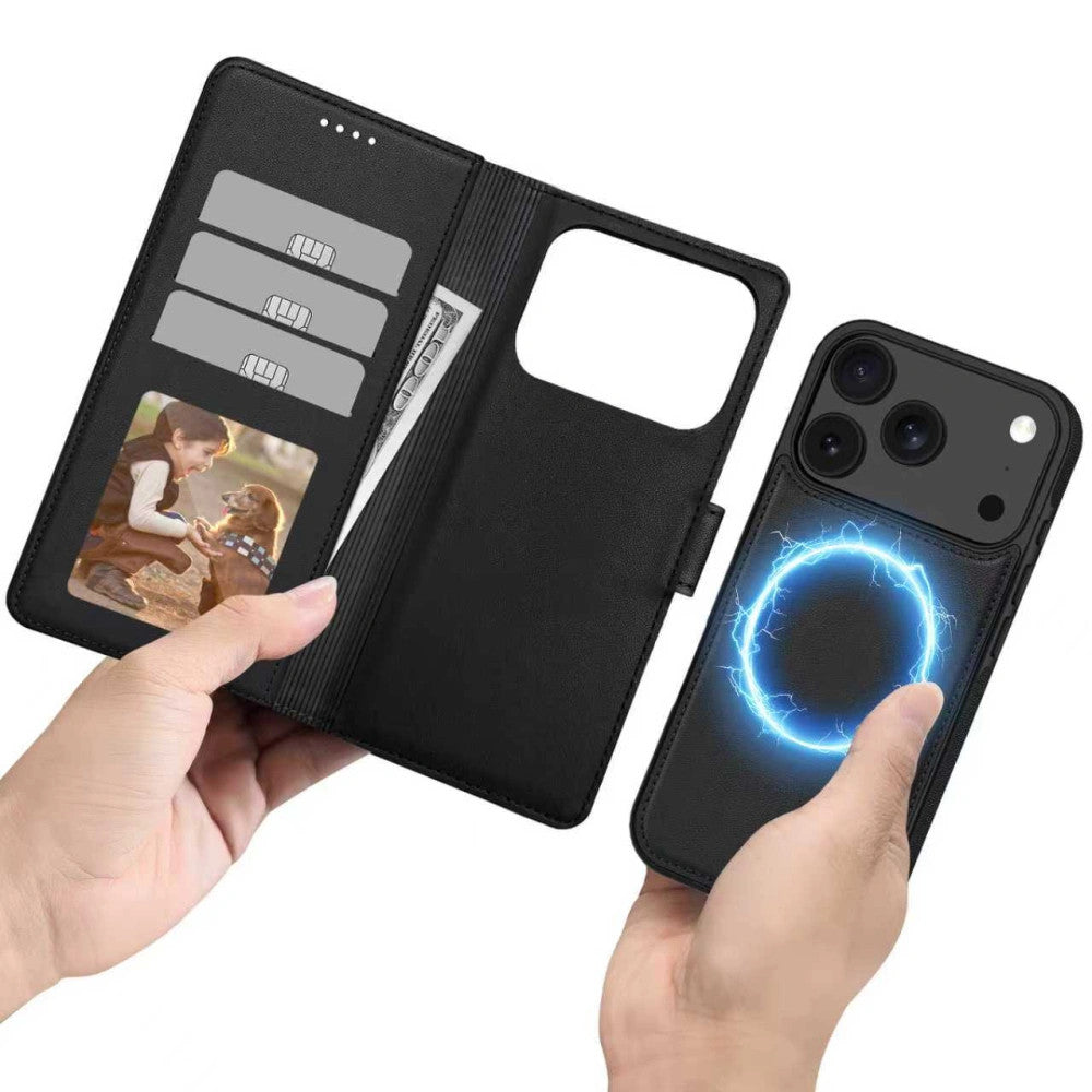 Apple iPhone 16e, Oldalra nyíló tok, stand, mágnes csattal, kivehető tokkal, Magsafe töltővel kompatibilis, TP Wallett Magsafe, fekete -  iPhone 16e tok a Domshop kínálatából